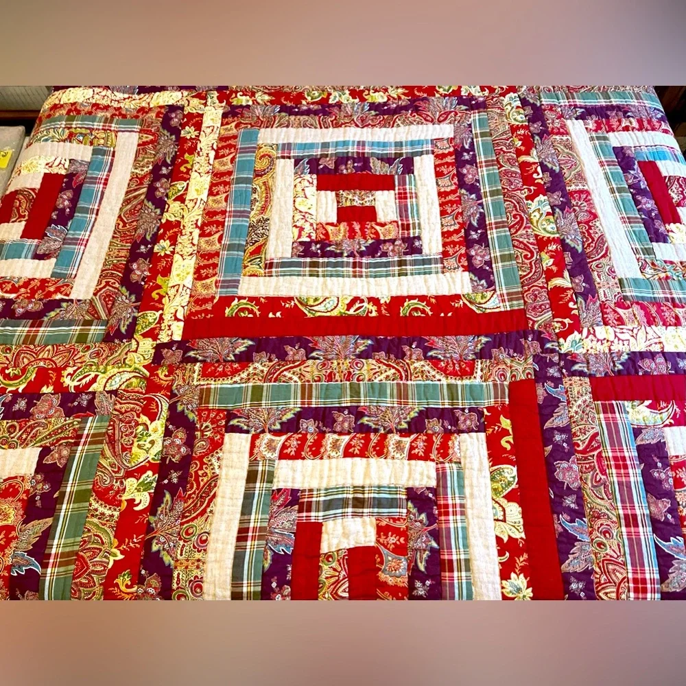 RARE Pottery Barn Vintage Log Cabin Christmas Patchwork Quilt Set- F/Q Multi